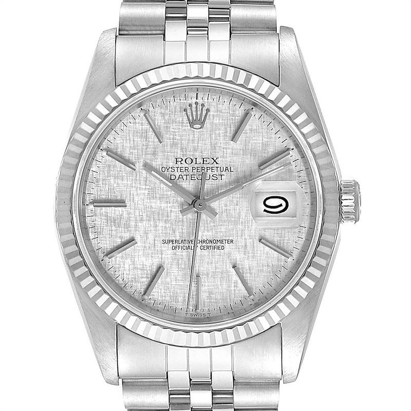 Rolex Datejust 36 Steel White Gold Silver Linen Dial Mens Watch 16234 SwissWatchExpo