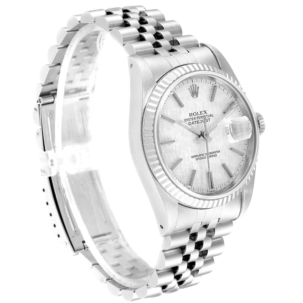The image shows a Rolex Datejust 16234 Men's Stainless Steel Silver Dial 16234 Men's Stainless Steel Silver Dial watch from a front-side angle, highlighting its dial, bezel, and bracelet.