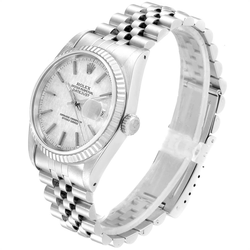 The image shows a side and top angle of the Rolex Datejust 16234 Men's Stainless Steel Silver Dial 16234 Men's Stainless Steel Silver Dial watch, highlighting the dial, bezel, crown, and Jubilee bracelet.