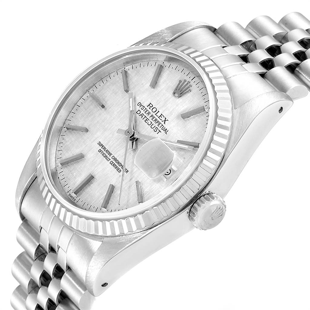This image shows the Rolex Datejust 16234 Men's Stainless Steel Silver Dial 16234 Men's Stainless Steel Silver Dial watch at an oblique angle, highlighting the dial, bezel, crown, and bracelet.