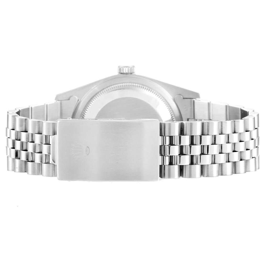 This image shows the back view of a Rolex Datejust 16234 Men's Stainless Steel Silver Dial 16234 Men's Stainless Steel Silver Dial watch, focusing on the bracelet and clasp.