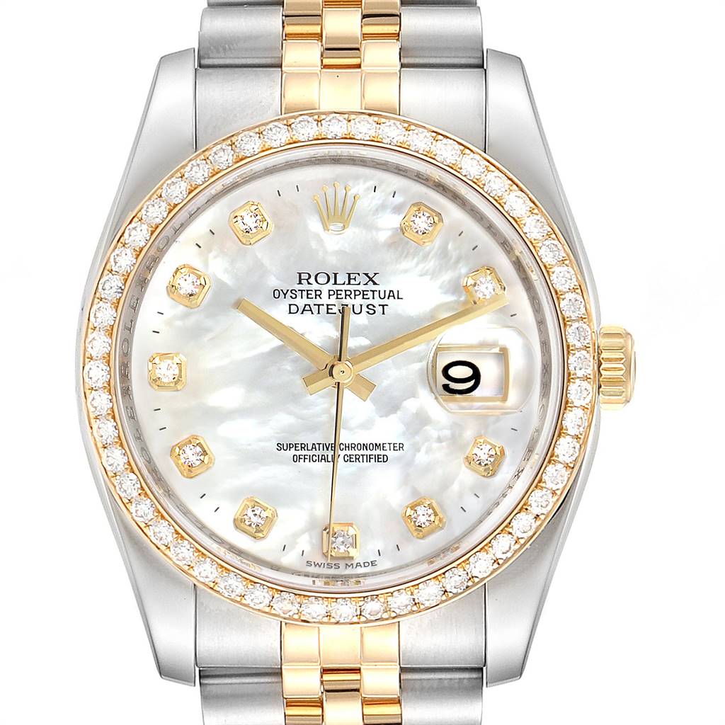 This image shows the Rolex Datejust 116243 Men
s Steel and Gold (two tone) Mother of Pearl Dial 116243 Men
s Steel and Gold (two tone) Mother of Pearl Dial watch from a front angle, revealing its face, bezel, crown, dial, and bracelet.