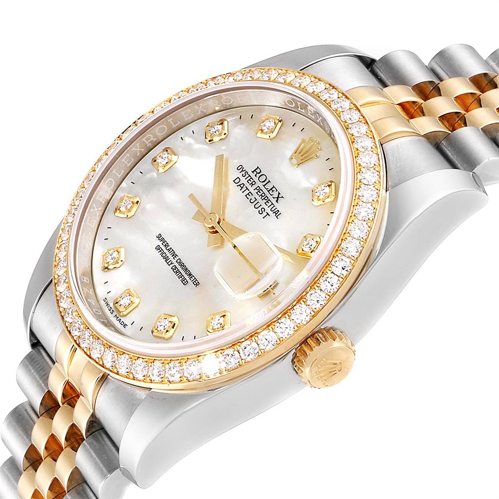 This image shows a Rolex Datejust 116243 Men
s Steel and Gold (two tone) Mother of Pearl Dial 116243 Men
s Steel and Gold (two tone) Mother of Pearl Dial watch with a close-up angle displaying its bezel, dial, case, and part of the bracelet.