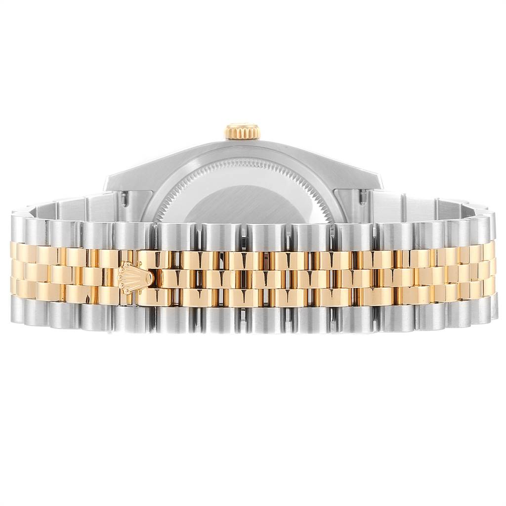 The image shows the back view of a Rolex Datejust 116243 Men
s Steel and Gold (two tone) Mother of Pearl Dial 116243 Men
s Steel and Gold (two tone) Mother of Pearl Dial watch, focusing on its Jubilee bracelet and caseback.