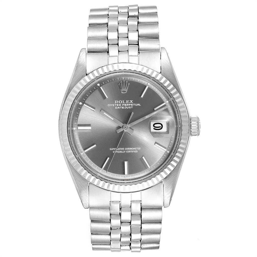 This image shows a front view of the Rolex Datejust 1601 Men
s Stainless Steel Grey Dial 1601 Men
s Stainless Steel Grey Dial watch, featuring the dial, bezel, and bracelet.