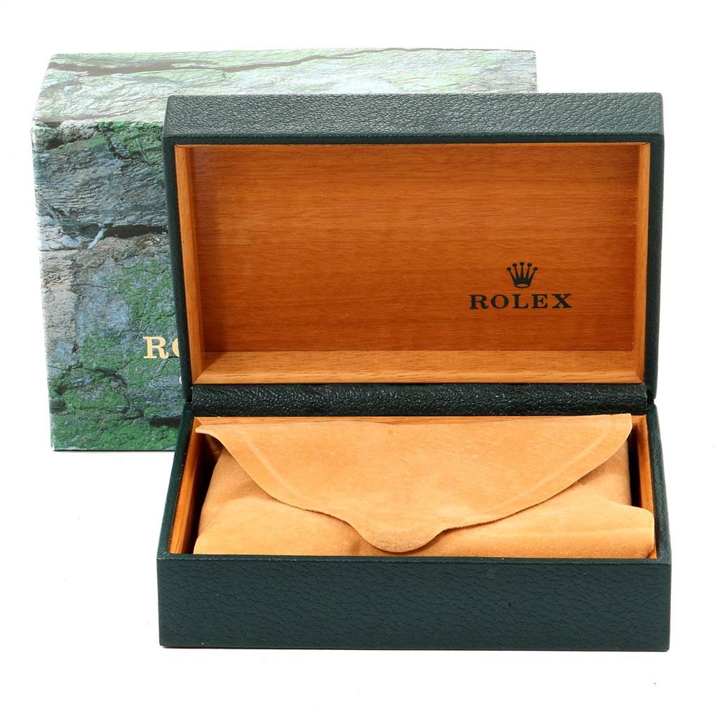 The image shows an open Rolex Datejust 16220 Men's Stainless Steel Silver Dial 16220 Men's Stainless Steel Silver Dial watch box with a suede pouch inside, and the outer box is also visible.