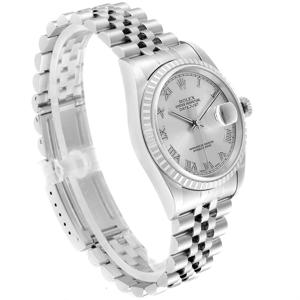 The image shows a side angle of a Rolex Datejust 16220 Men's Stainless Steel Silver Dial 16220 Men's Stainless Steel Silver Dial watch, highlighting the case, dial, and stainless steel bracelet.