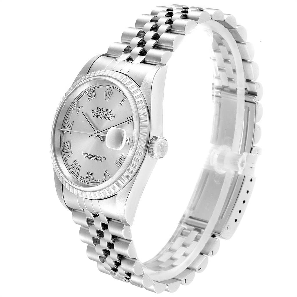 The image shows a Rolex Datejust 16220 Men's Stainless Steel Silver Dial 16220 Men's Stainless Steel Silver Dial watch at a three-quarter angle, displaying the face, bezel, crown, and Jubilee bracelet.