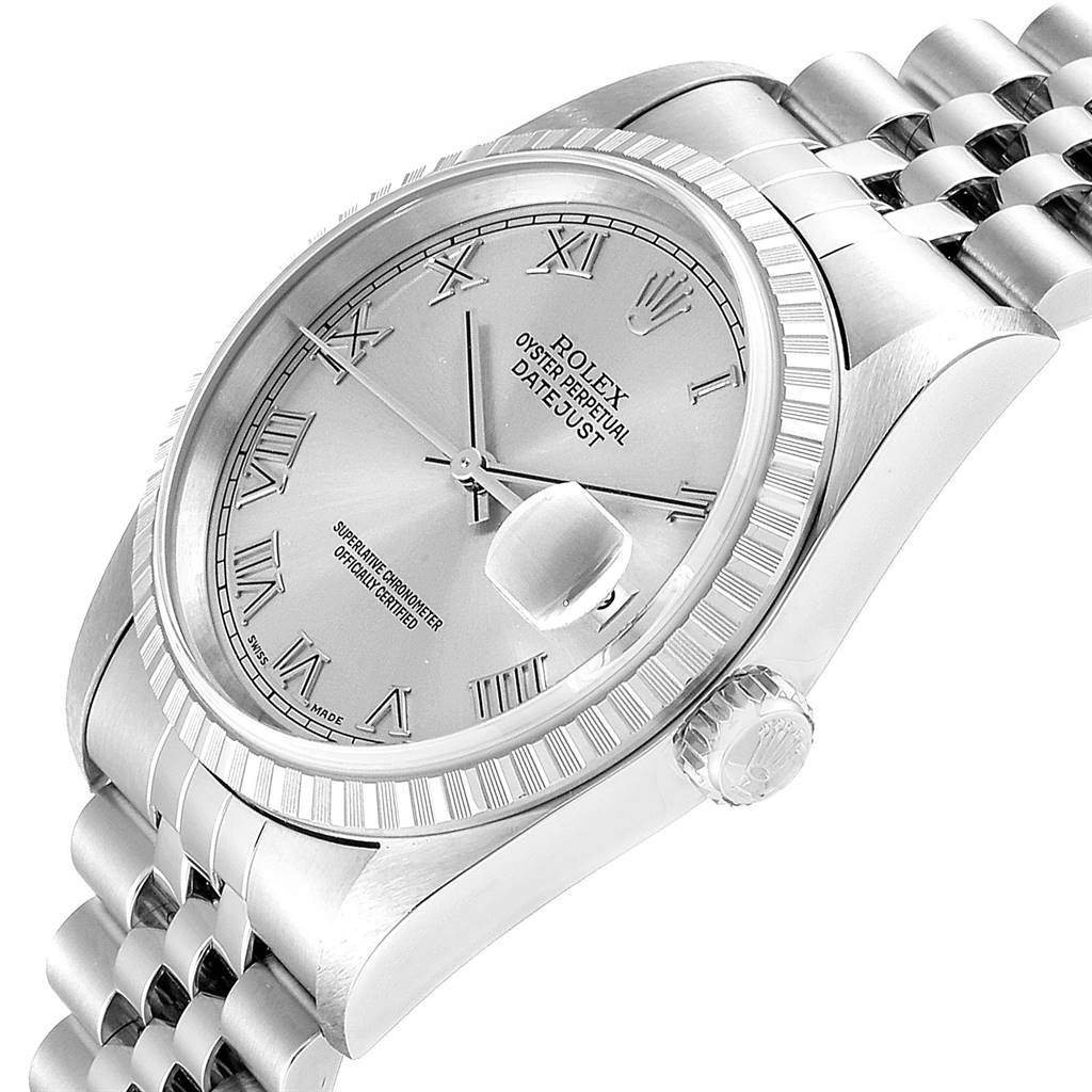 The image shows a Rolex Datejust 16220 Men's Stainless Steel Silver Dial 16220 Men's Stainless Steel Silver Dial watch at an angled view, highlighting its face, bezel, crown, and bracelet.