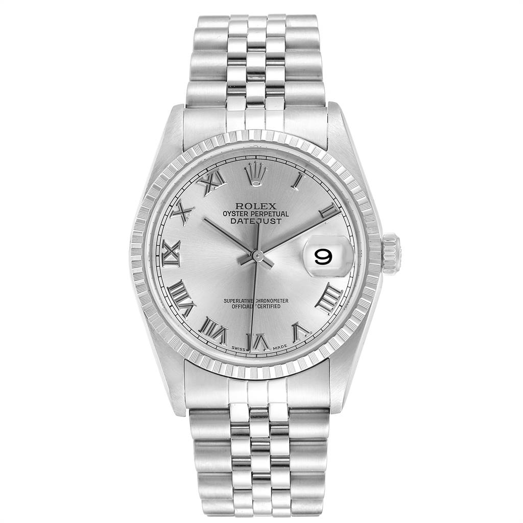 This image shows a Rolex Datejust 16220 Men's Stainless Steel Silver Dial 16220 Men's Stainless Steel Silver Dial watch with a silver dial and Jubilee bracelet, viewed from the front.