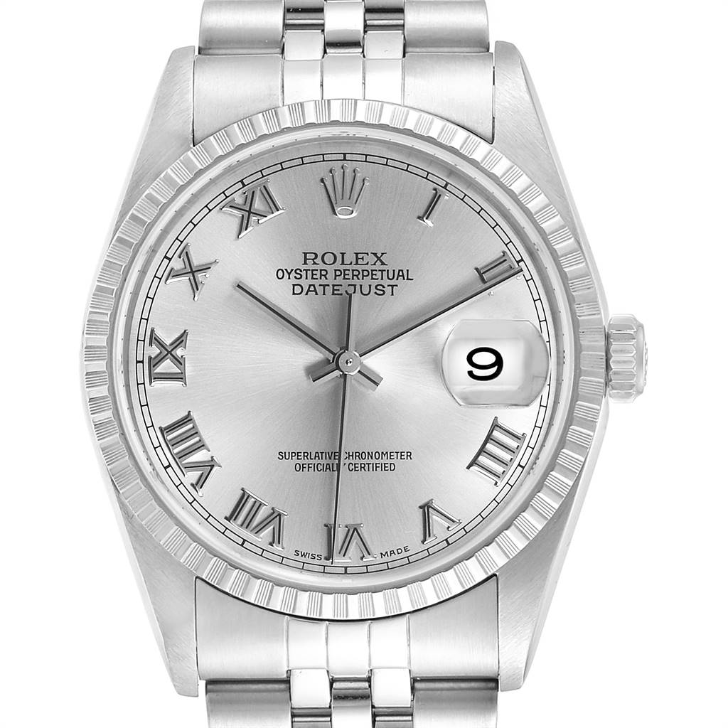 The Rolex Datejust 16220 Men's Stainless Steel Silver Dial 16220 Men's Stainless Steel Silver Dial watch is shown from the front, featuring its dial, bezel, bracelet, and crown.