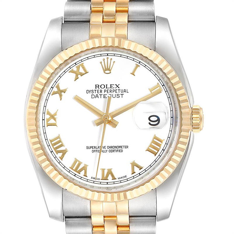 Rolex Datejust Steel Yellow Gold White Roman Dial Mens Watch 116233 SwissWatchExpo