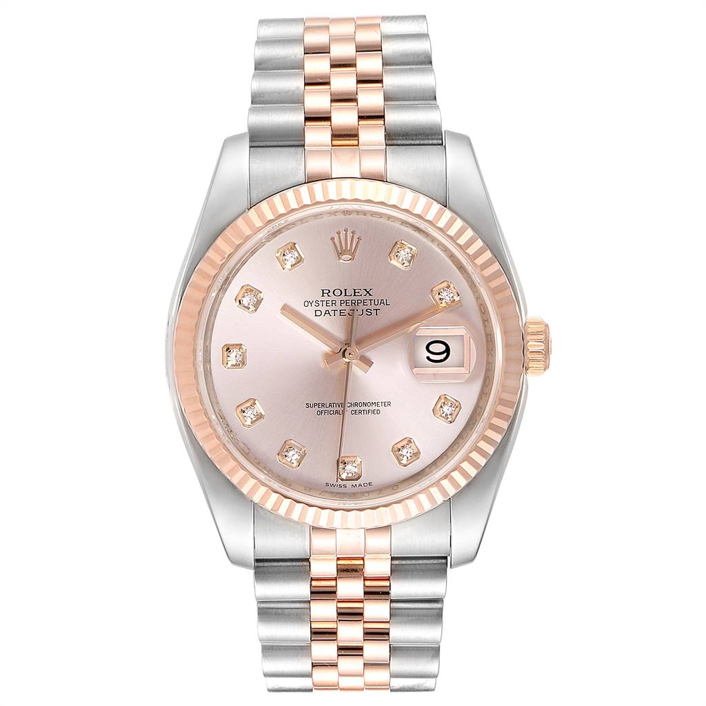 This image shows a Rolex Datejust 116231 Men's Steel and Gold (two tone) Pink Dial 116231 Men's Steel and Gold (two tone) Pink Dial watch, featuring the face, bezel, crown, and two-tone bracelet, from a front view.