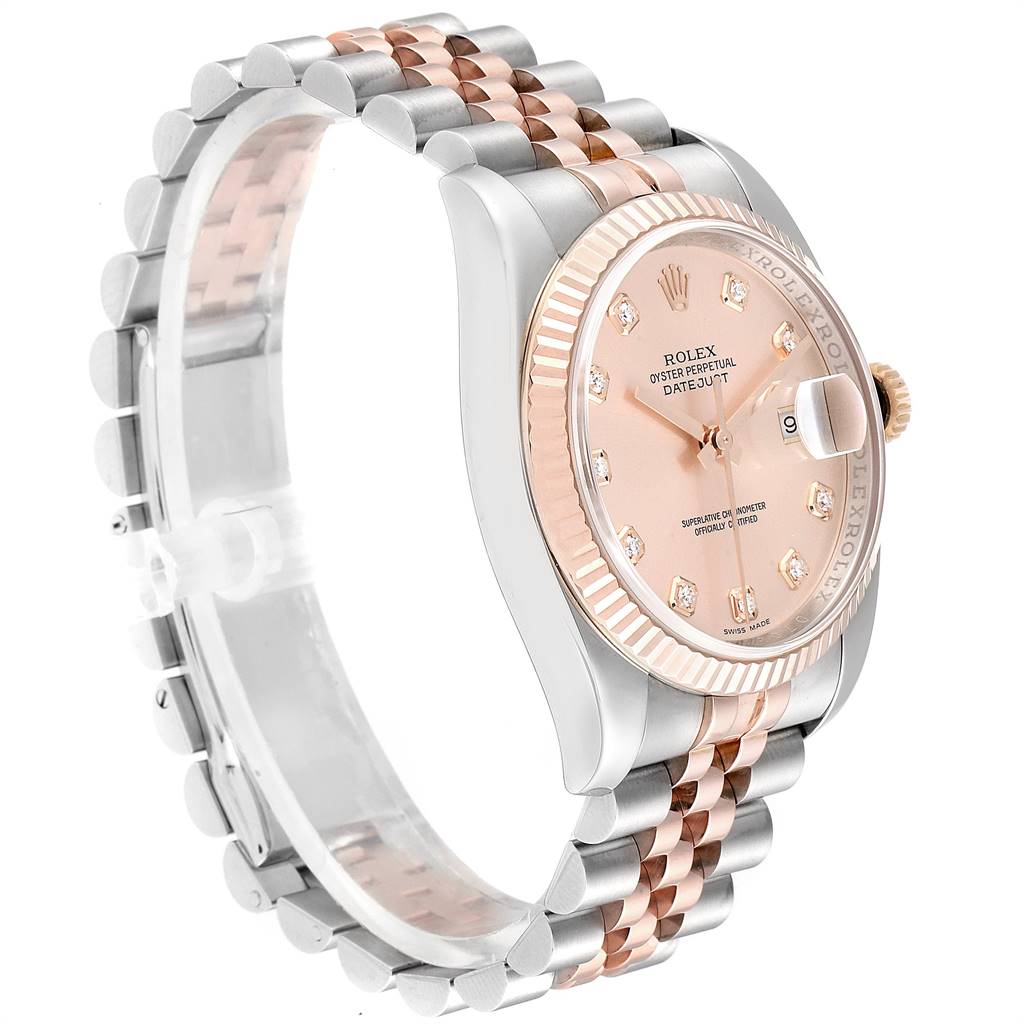 The Rolex Datejust 116231 Men's Steel and Gold (two tone) Pink Dial 116231 Men's Steel and Gold (two tone) Pink Dial watch is shown from an angle highlighting the face, fluted bezel, and jubilee bracelet.