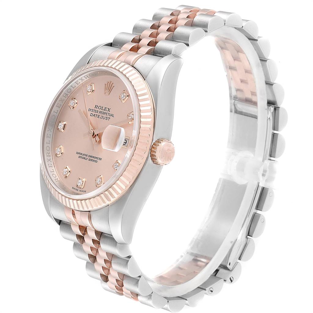 The image shows a side profile of a Rolex Datejust 116231 Men's Steel and Gold (two tone) Pink Dial 116231 Men's Steel and Gold (two tone) Pink Dial watch, highlighting the dial, bezel, and two-tone bracelet.