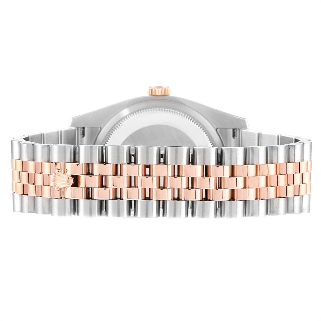 The image shows the back view of a Rolex Datejust 116231 Men's Steel and Gold (two tone) Pink Dial 116231 Men's Steel and Gold (two tone) Pink Dial watch, focusing on its stainless steel and rose gold jubilee bracelet.