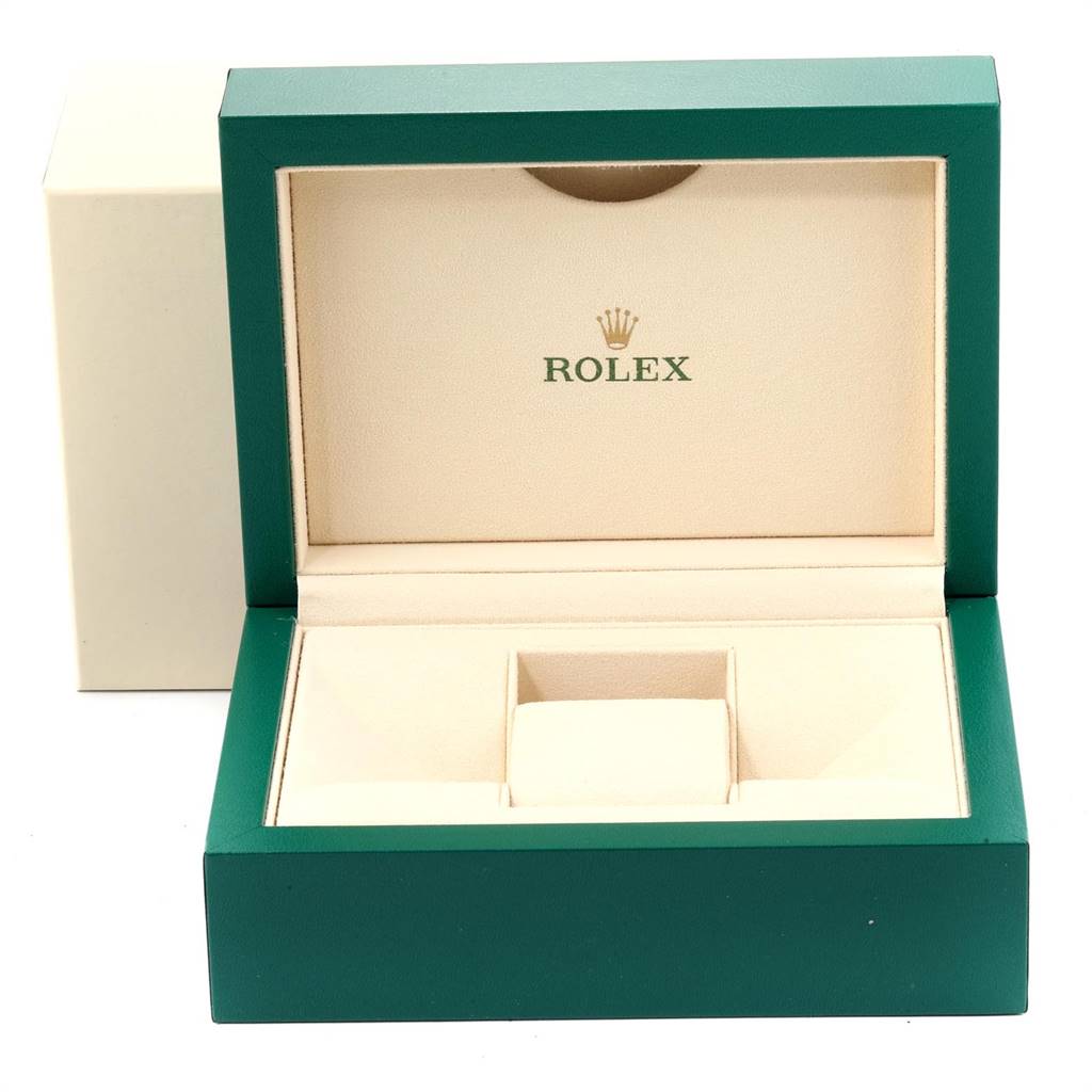 This is a Rolex Datejust 116231 Men's Steel and Gold (two tone) Pink Dial 116231 Men's Steel and Gold (two tone) Pink Dial watch box, shown open from a front angle, displaying its green and beige interior.