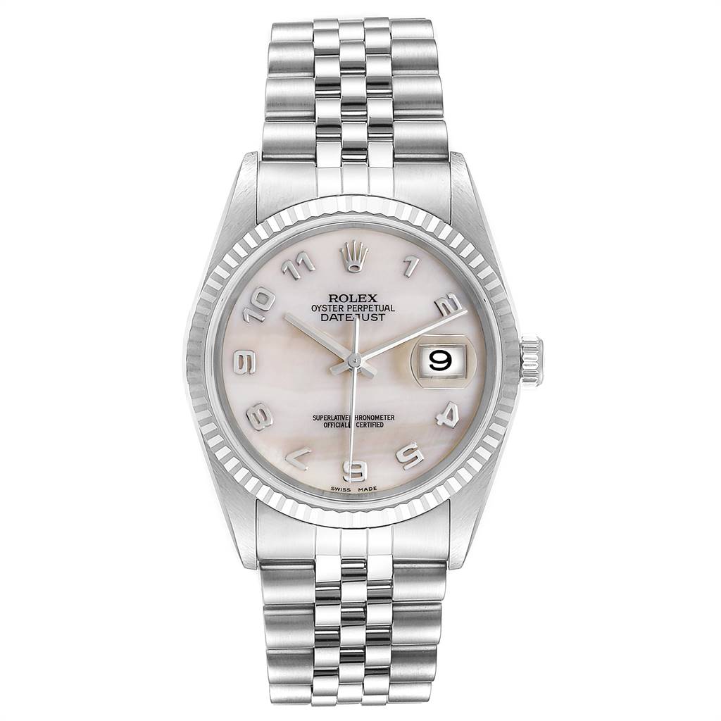 This image shows a front view of the Rolex Datejust 16234 Men's Stainless Steel Mother of Pearl Dial 16234 Men's Stainless Steel Mother of Pearl Dial watch, displaying its dial, bezel, crown, and bracelet.
