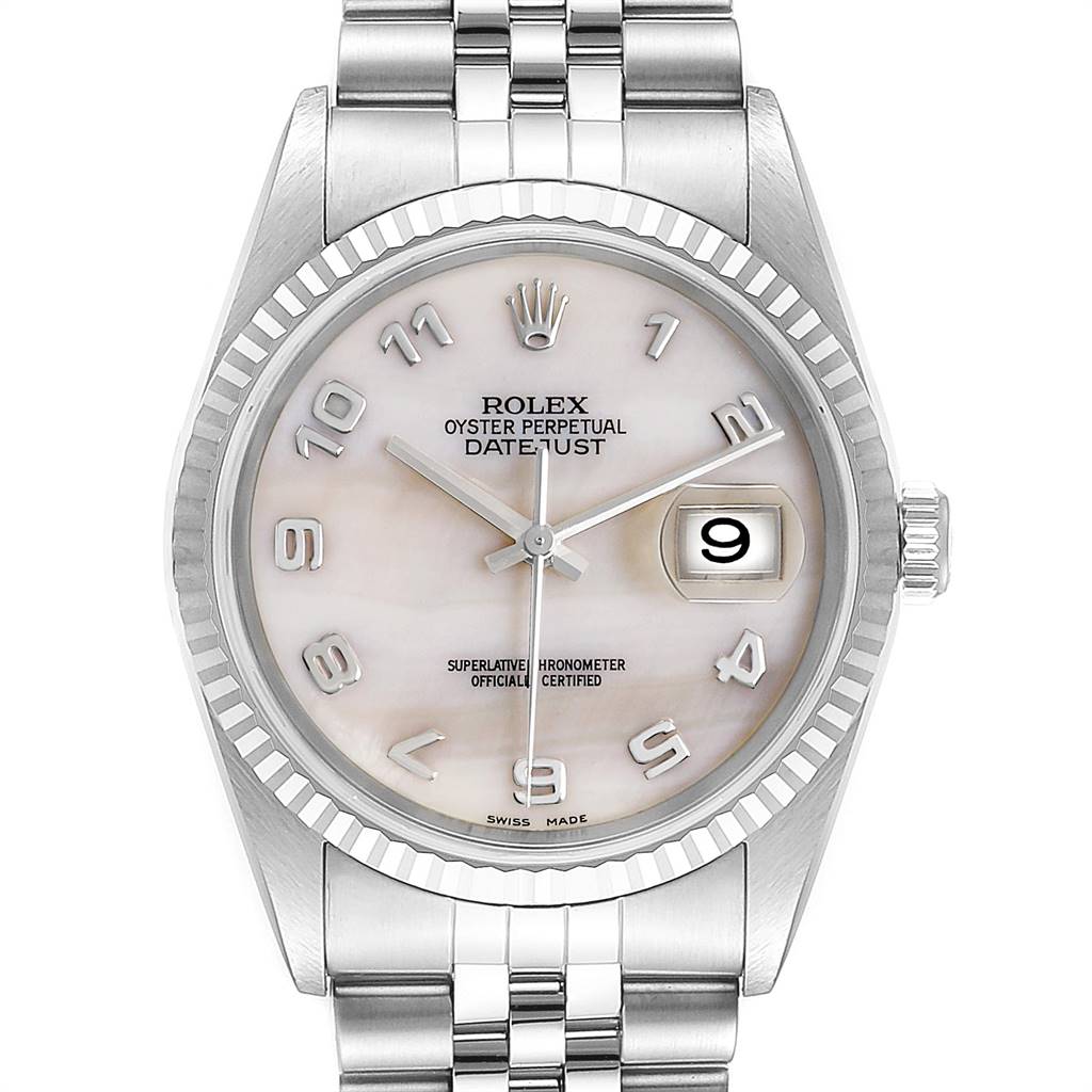 The Rolex Datejust 16234 Men's Stainless Steel Mother of Pearl Dial 16234 Men's Stainless Steel Mother of Pearl Dial watch is shown from a straight-on angle, highlighting the watch face, bezel, and part of the bracelet.