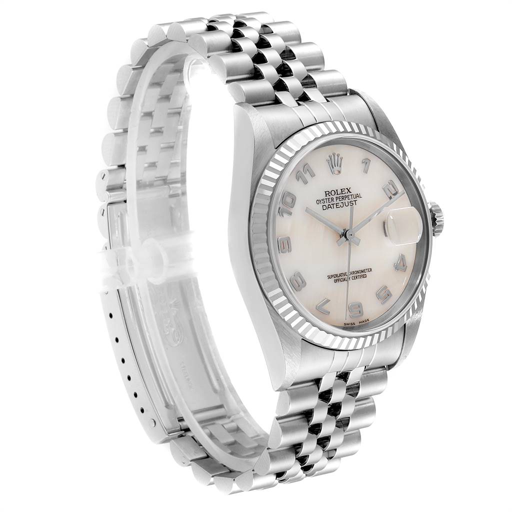 The image shows a Rolex Datejust 16234 Men's Stainless Steel Mother of Pearl Dial 16234 Men's Stainless Steel Mother of Pearl Dial watch from a side angle, highlighting the dial, bezel, and bracelet.