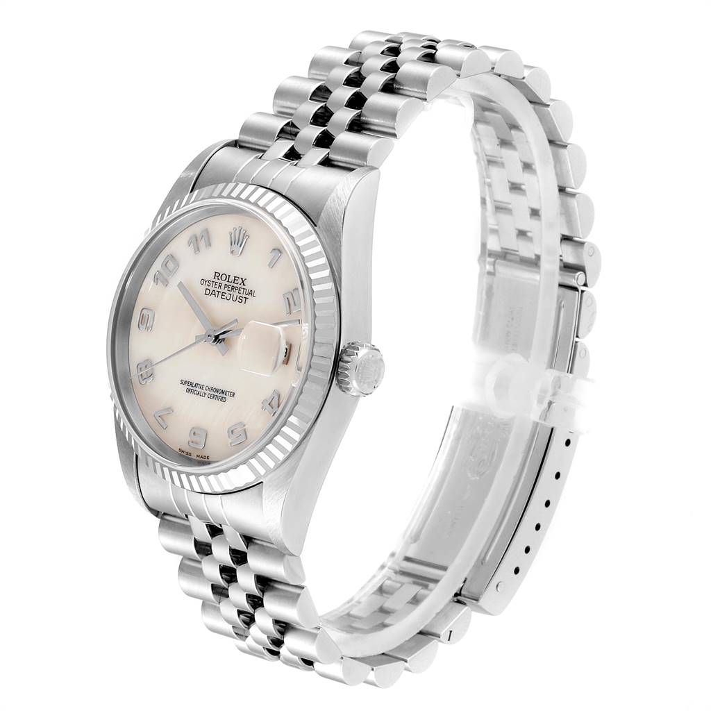 This image shows a Rolex Datejust 16234 Men's Stainless Steel Mother of Pearl Dial 16234 Men's Stainless Steel Mother of Pearl Dial watch angled to display its face, bezel, crown, and part of the jubilee bracelet.