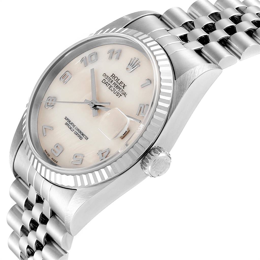 The Rolex Datejust 16234 Men's Stainless Steel Mother of Pearl Dial 16234 Men's Stainless Steel Mother of Pearl Dial watch is shown at a slight angle displaying the face, bezel, crown, and part of the bracelet.