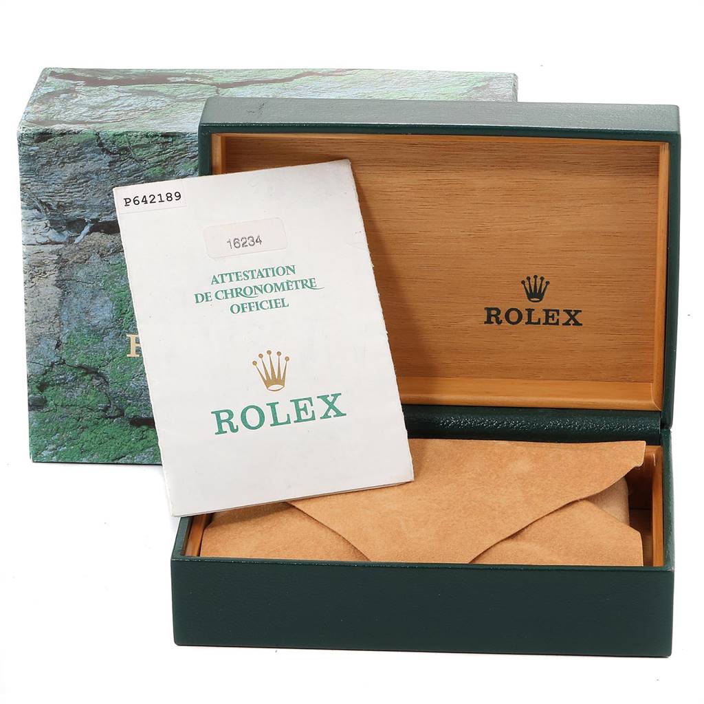 The image shows the packaging, a certificate, and an empty box for the Rolex Datejust 16234 Men's Stainless Steel Mother of Pearl Dial 16234 Men's Stainless Steel Mother of Pearl Dial watch model, with no watch visible.