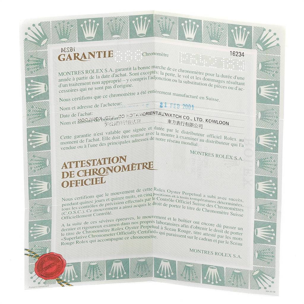 This is a warranty and chronometer certificate for the Rolex Datejust 16234 Men's Stainless Steel Mother of Pearl Dial 16234 Men's Stainless Steel Mother of Pearl Dial model, showing text and official branding.