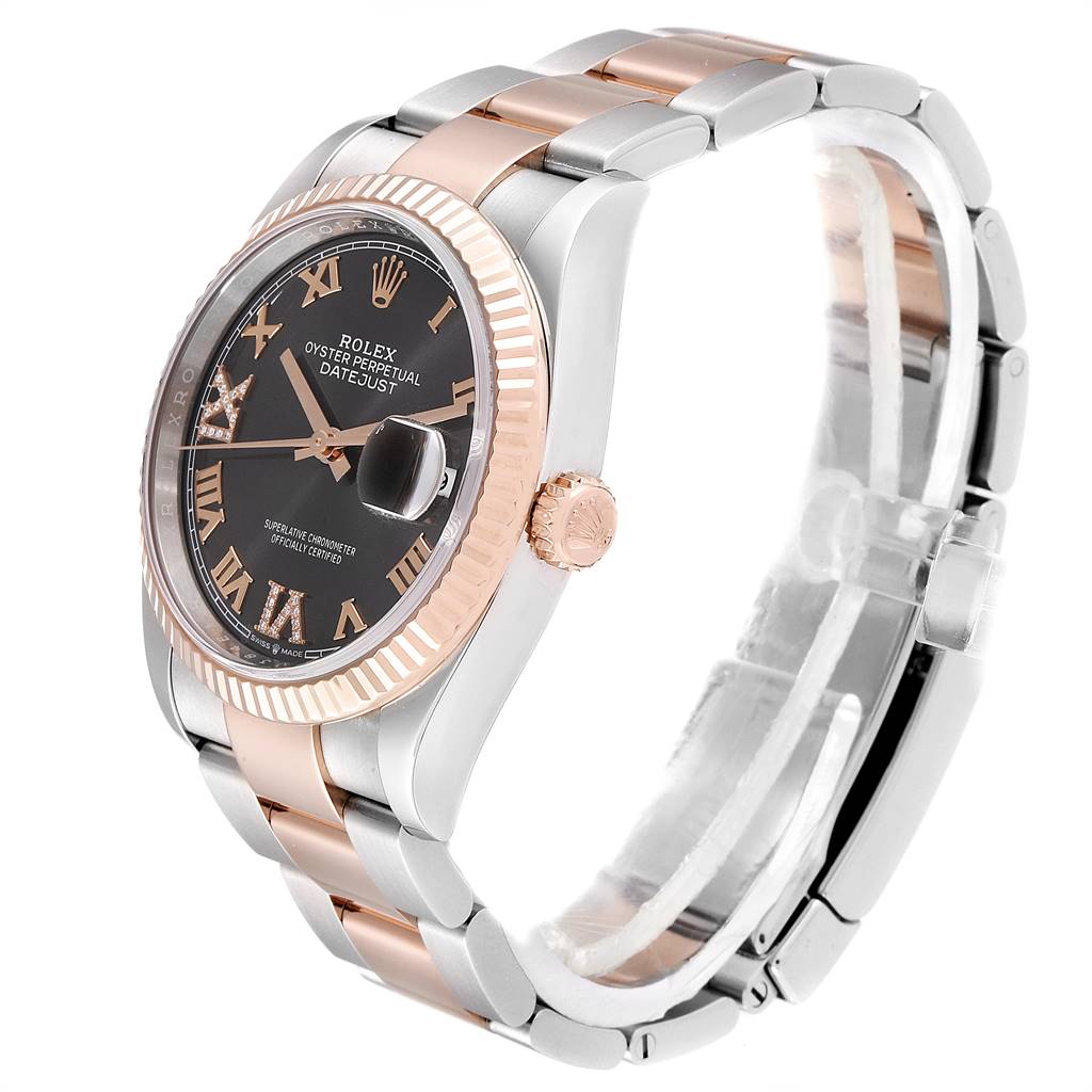 The image shows a side and front view of the Rolex Datejust 126231 Men's Steel and Gold (two tone) Grey Dial 126231 Men's Steel and Gold (two tone) Grey Dial watch, highlighting its two-tone bracelet, black dial, and fluted bezel.