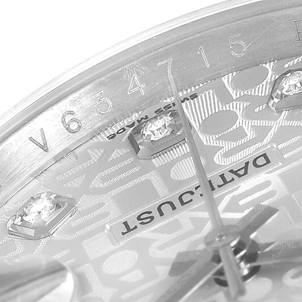 The image shows a close-up of the dial and bezel of a Rolex Datejust 116244 Men's Stainless Steel Silver Dial 116244 Men's Stainless Steel Silver Dial watch, highlighting the markers and the "DATEJUST" text.