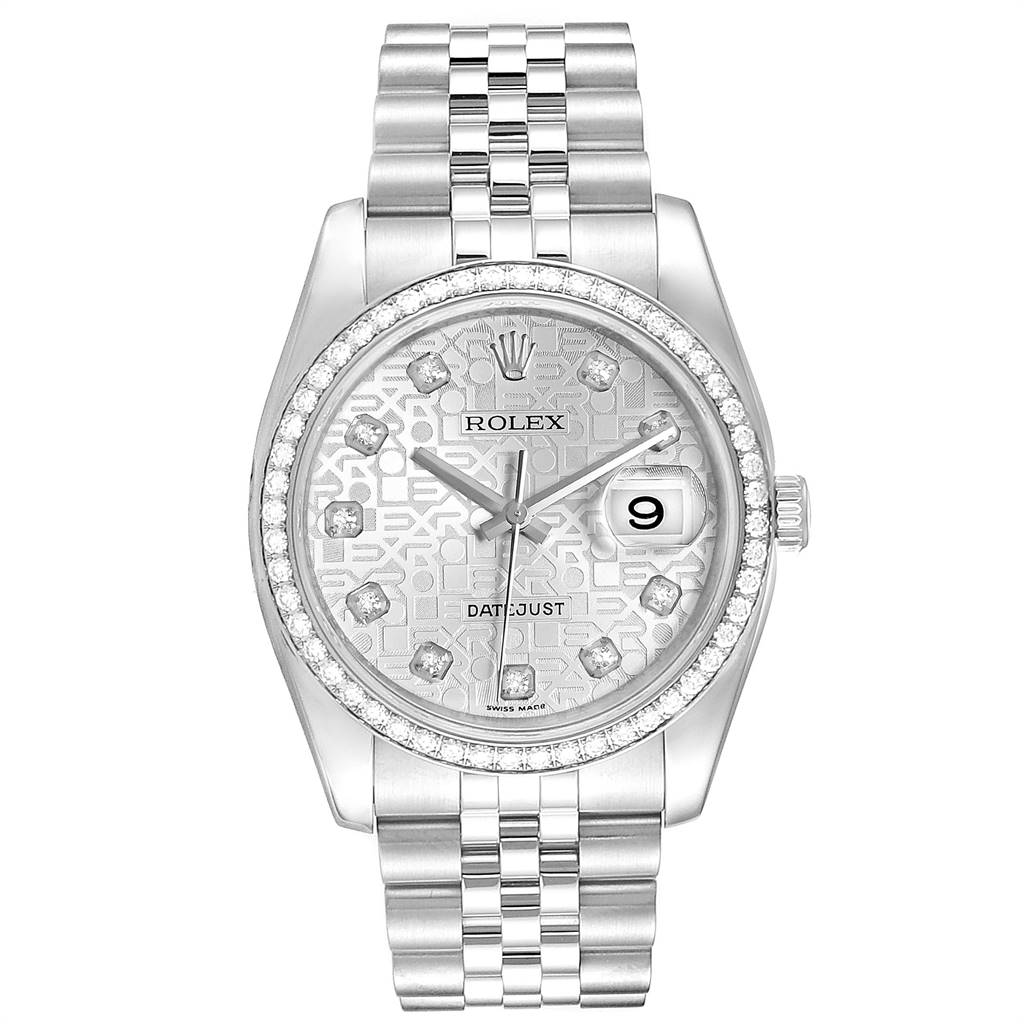 This is a front view of a Rolex Datejust 116244 Men's Stainless Steel Silver Dial 116244 Men's Stainless Steel Silver Dial watch, displaying its face, bezel, and bracelet.