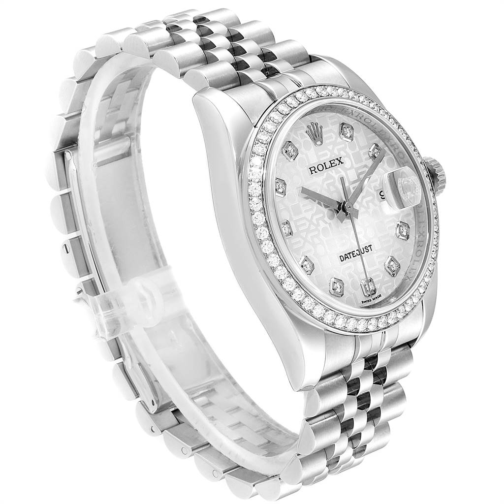 This Rolex Datejust 116244 Men's Stainless Steel Silver Dial 116244 Men's Stainless Steel Silver Dial watch is shown at a three-quarter angle, displaying the dial, bezel, and Jubilee bracelet.