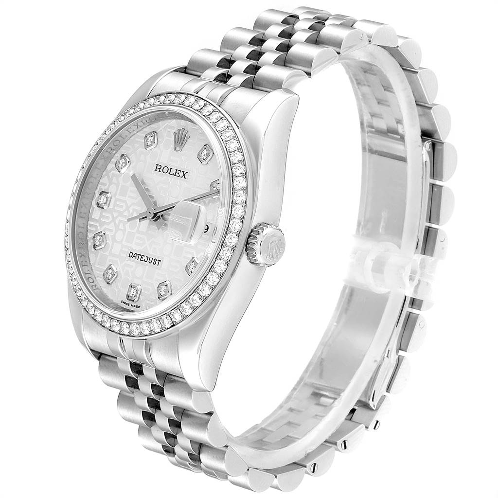 This Rolex Datejust 116244 Men's Stainless Steel Silver Dial 116244 Men's Stainless Steel Silver Dial watch is shown from an angled side view, highlighting the face, bezel, crown, and part of the bracelet.