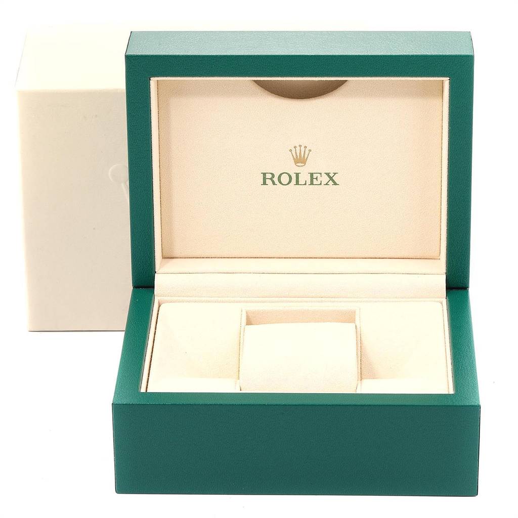 This image shows the open packaging box for the Rolex Datejust 116244 Men's Stainless Steel Silver Dial 116244 Men's Stainless Steel Silver Dial model, viewed from the front.