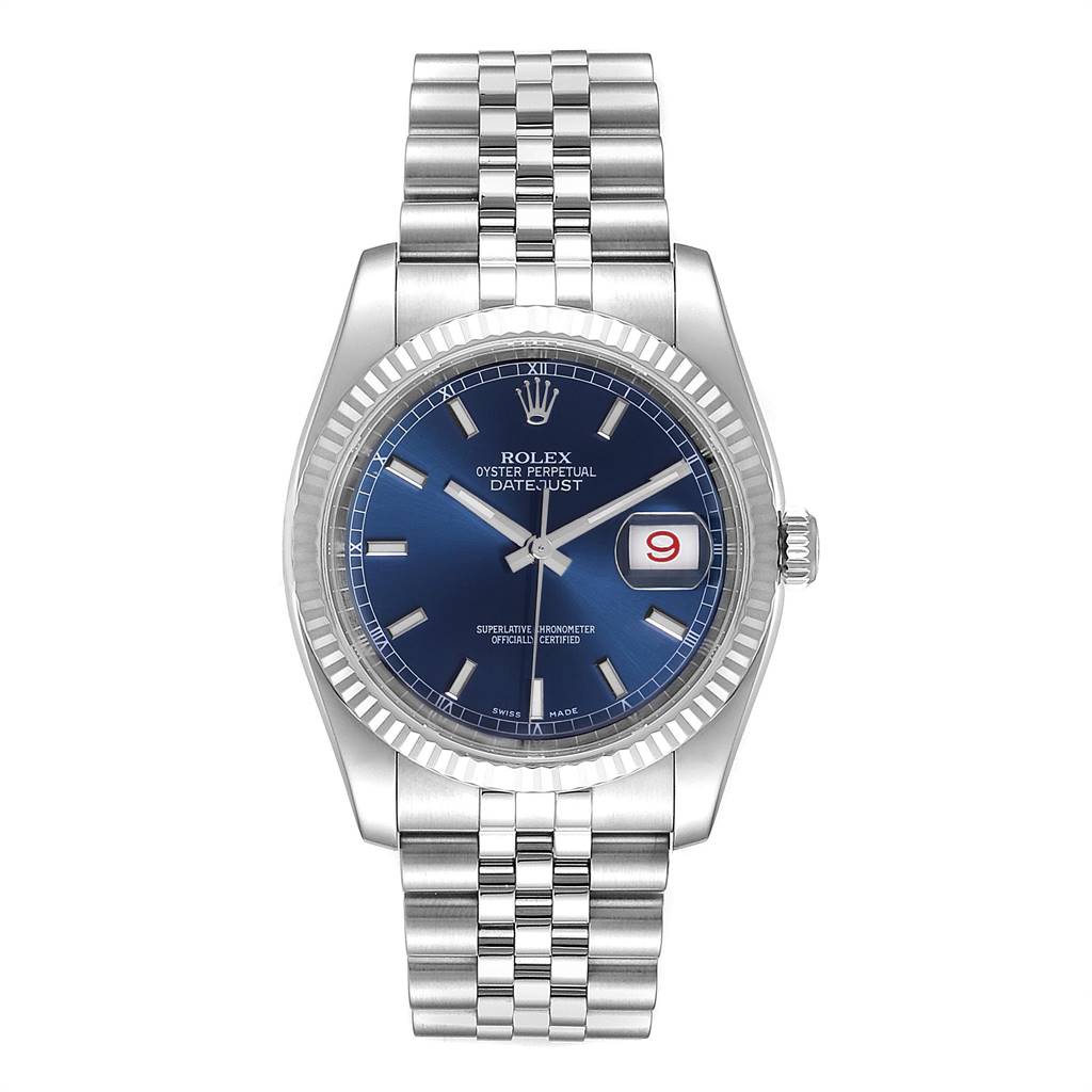 The image shows a Rolex Datejust 116234 Men's Stainless Steel Blue Dial 116234 Men's Stainless Steel Blue Dial watch from a front angle, featuring a blue dial, fluted bezel, and Jubilee bracelet.