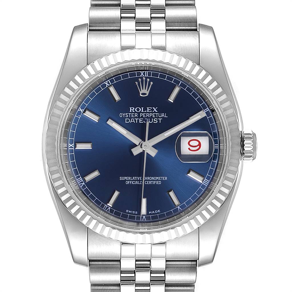 The image shows a front view of a Rolex Datejust 116234 Men's Stainless Steel Blue Dial 116234 Men's Stainless Steel Blue Dial watch with a blue dial, fluted bezel, and Jubilee bracelet.