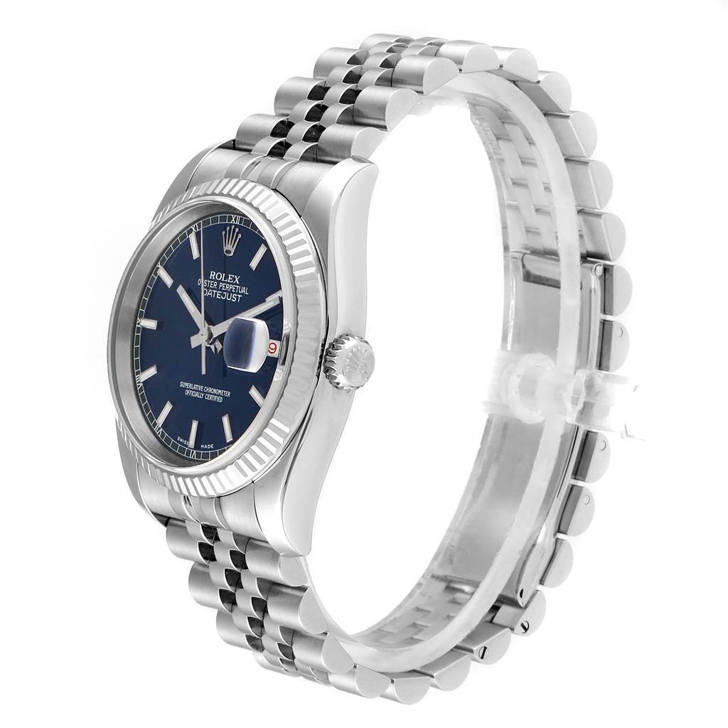The image shows a Rolex Datejust 116234 Men's Stainless Steel Blue Dial 116234 Men's Stainless Steel Blue Dial watch from a side angle, showcasing its case, bezel, dial, crown, and bracelet.