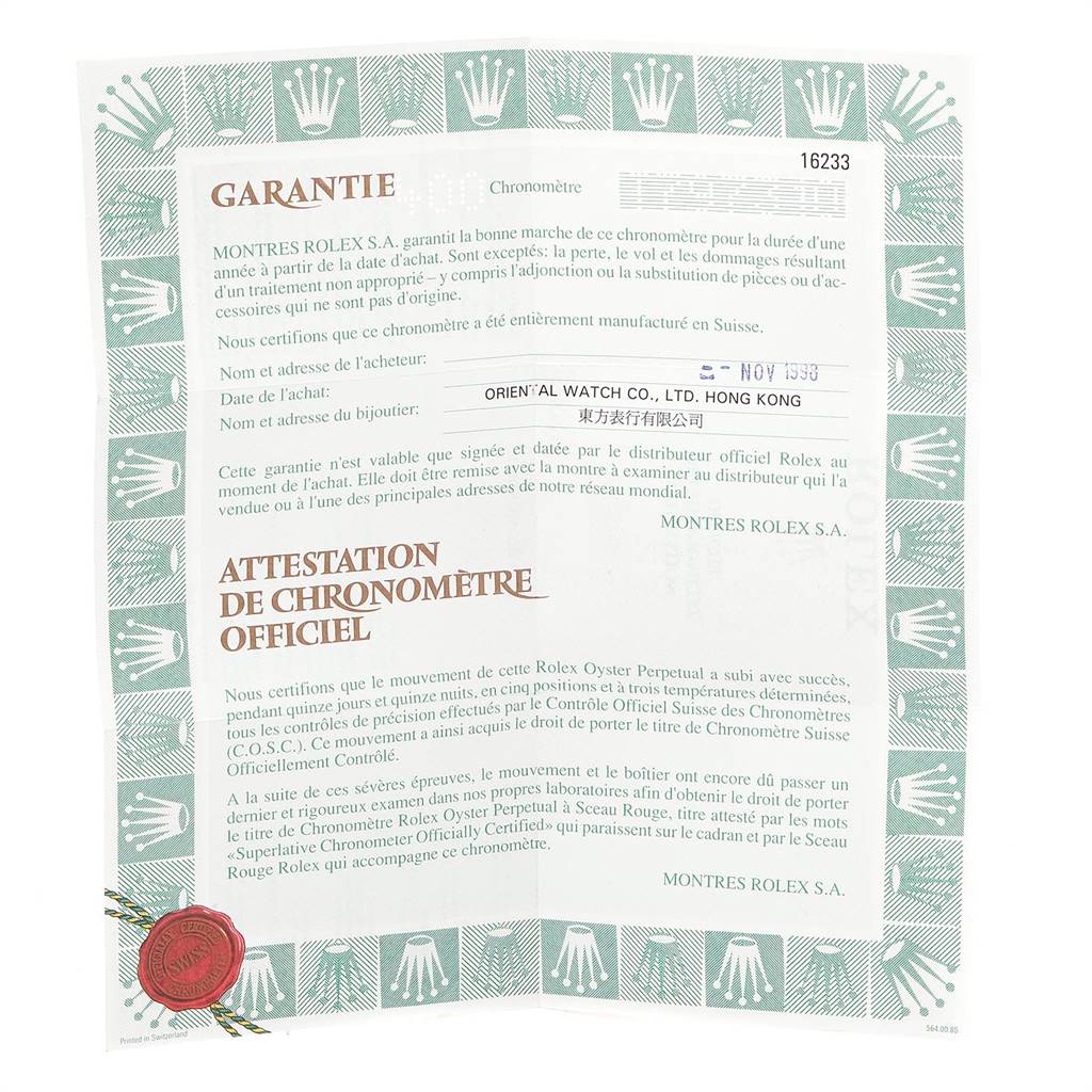 This image shows a warranty and official chronometer certification document for a Rolex Datejust 16233 Men's Steel and Gold (two tone) Champagne Dial 16233 Men's Steel and Gold (two tone) Champagne Dial model.