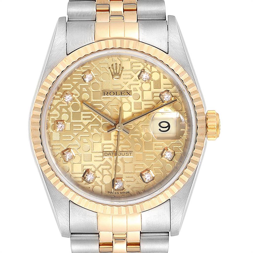 This image shows a Rolex Datejust 16233 Men's Steel and Gold (two tone) Champagne Dial 16233 Men's Steel and Gold (two tone) Champagne Dial watch front-on, highlighting the dial, bezel, hands, and part of the bracelet.