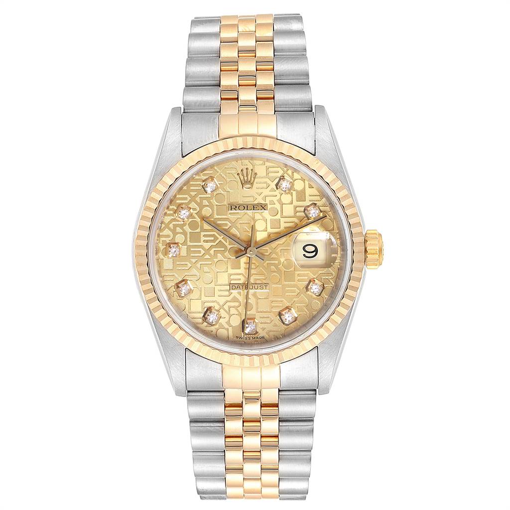 This is a front view of a Rolex Datejust 16233 Men's Steel and Gold (two tone) Champagne Dial 16233 Men's Steel and Gold (two tone) Champagne Dial watch, showing the dial, bracelet, and fluted bezel.
