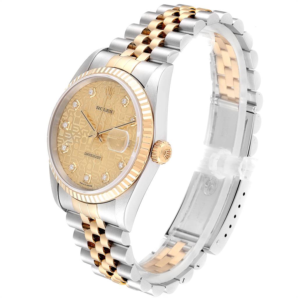 The image shows a side angle of the Rolex Datejust 16233 Men's Steel and Gold (two tone) Champagne Dial 16233 Men's Steel and Gold (two tone) Champagne Dial watch, displaying its gold and silver-toned bracelet, bezel, and dial.