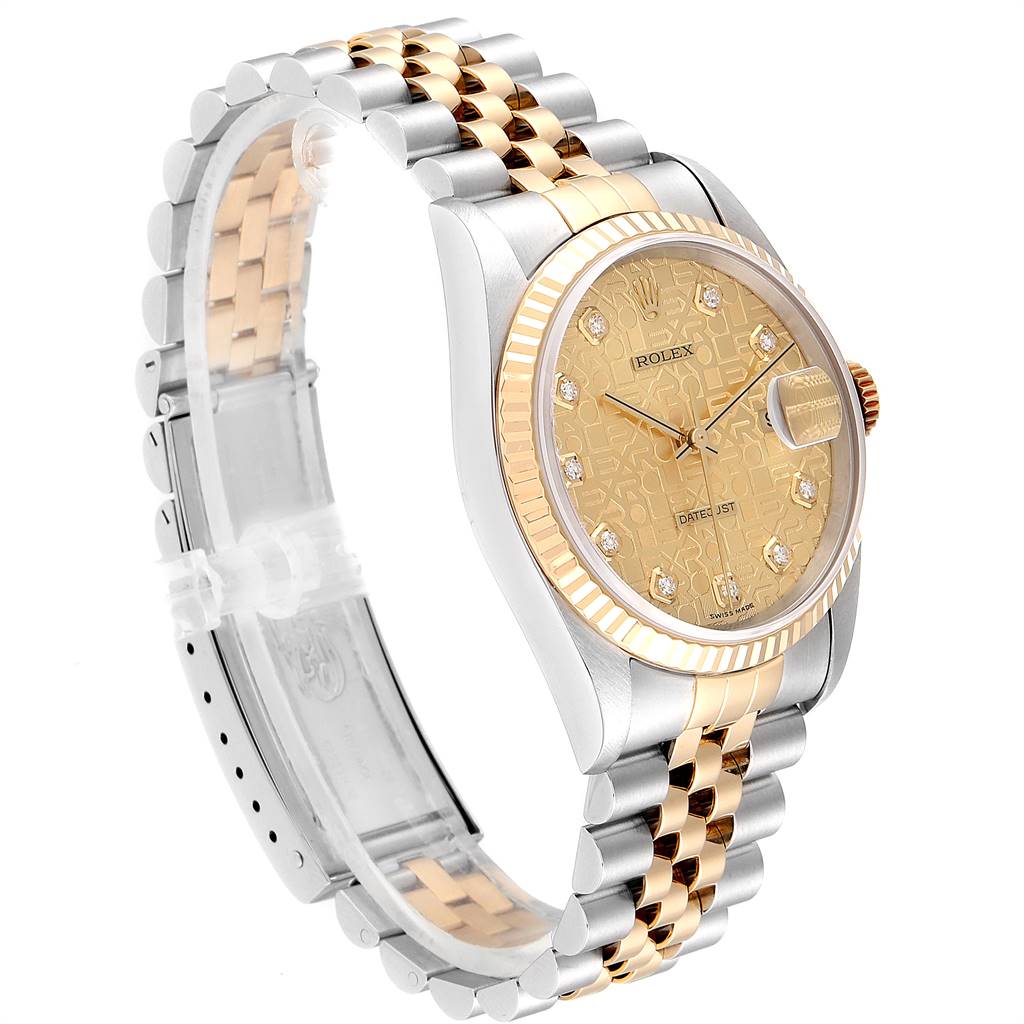 This image shows a side view of a Rolex Datejust 16233 Men's Steel and Gold (two tone) Champagne Dial 16233 Men's Steel and Gold (two tone) Champagne Dial watch with a two-tone bracelet and a champagne dial adorned with diamond hour markers.