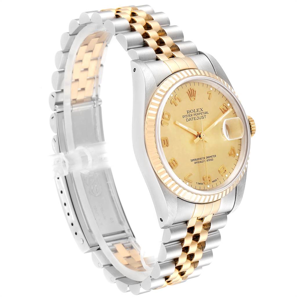 The image shows the side view of a Rolex Datejust 16233 Men's Steel and Gold (two tone) Champagne Dial 16233 Men's Steel and Gold (two tone) Champagne Dial watch, highlighting its two-tone bracelet, gold bezel, and champagne dial.