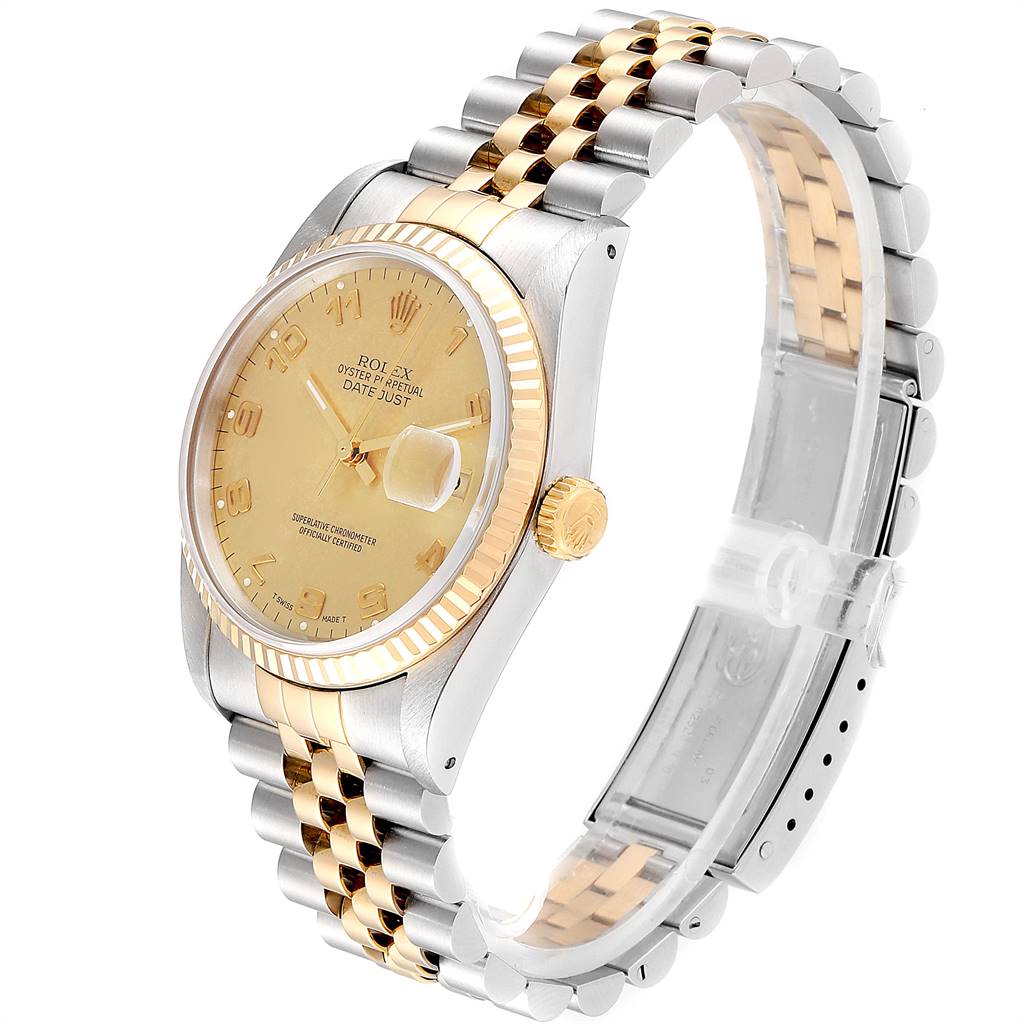 This Rolex Datejust 16233 Men's Steel and Gold (two tone) Champagne Dial 16233 Men's Steel and Gold (two tone) Champagne Dial watch is shown from a three-quarter angle, displaying the dial, crown, case, and two-tone bracelet.