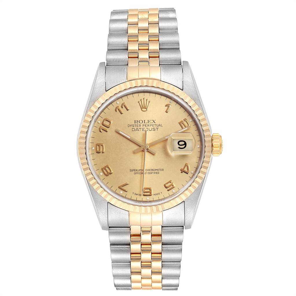 This is a front view of a Rolex Datejust 16233 Men's Steel and Gold (two tone) Champagne Dial 16233 Men's Steel and Gold (two tone) Champagne Dial watch showing the face, bezel, and jubilee bracelet.