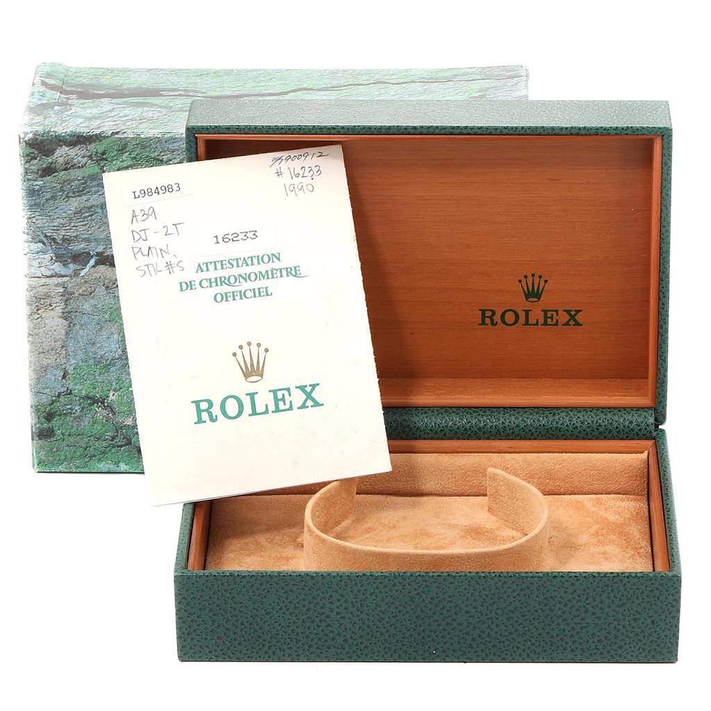 The image shows a Rolex Datejust 16233 Men's Steel and Gold (two tone) Champagne Dial 16233 Men's Steel and Gold (two tone) Champagne Dial watch box, certificate document, and interior cushion from a front angle.