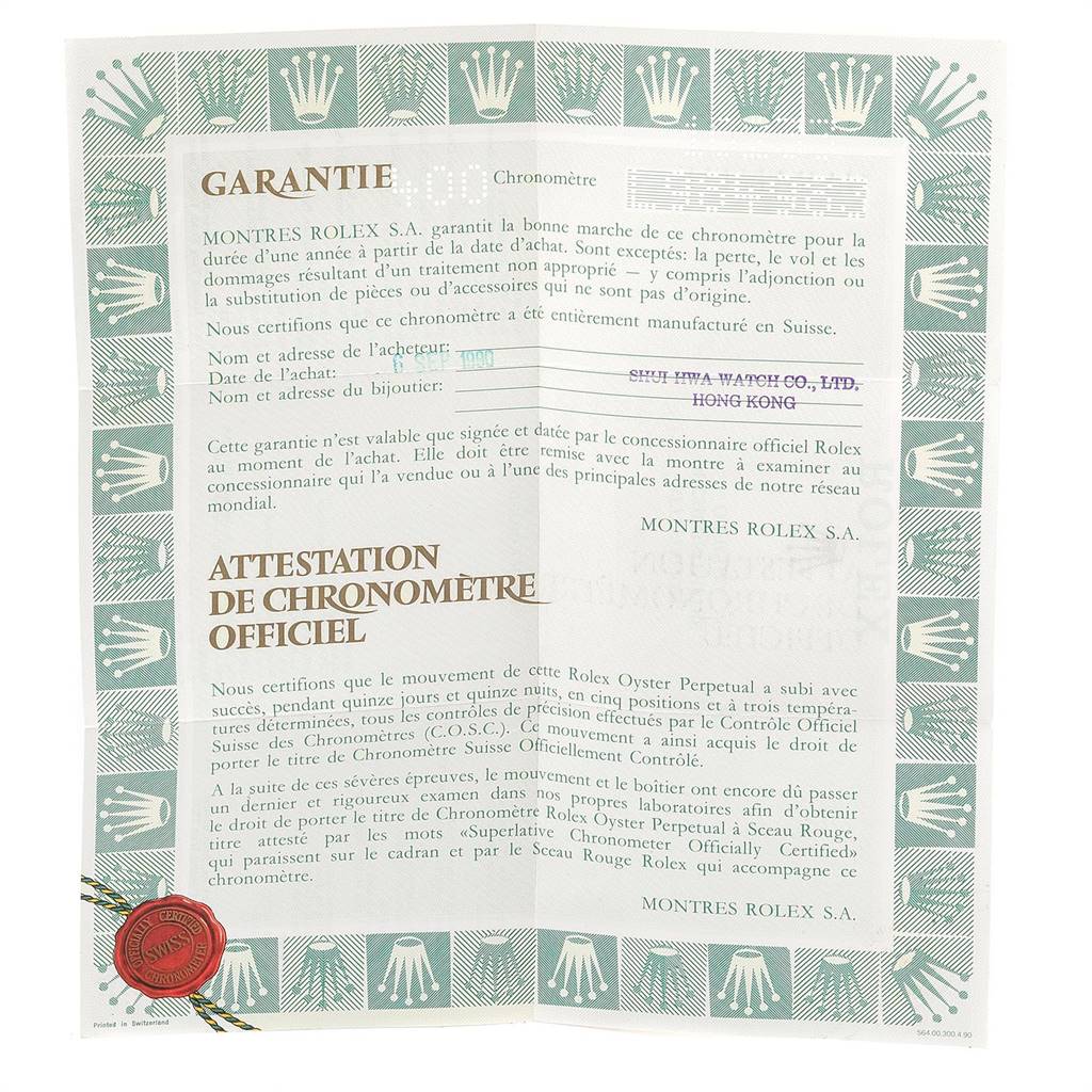 The image shows a warranty certificate for a Rolex Datejust 16233 Men's Steel and Gold (two tone) Champagne Dial 16233 Men's Steel and Gold (two tone) Champagne Dial watch.