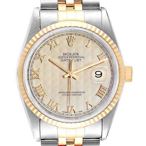 Photo of Rolex Datejust Steel Yellow Gold Pyramid Dial Mens Watch 16233 Box Papers