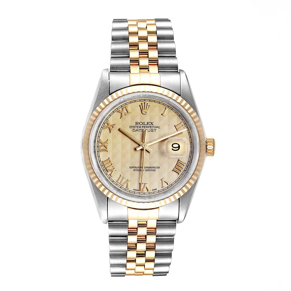The image shows a front view of a Rolex Datejust 16233 Men's Steel and Gold (two tone) Beige Dial 16233 Men's Steel and Gold (two tone) Beige Dial watch, highlighting the dial, bezel, bracelet, and date window at 3 o'clock.