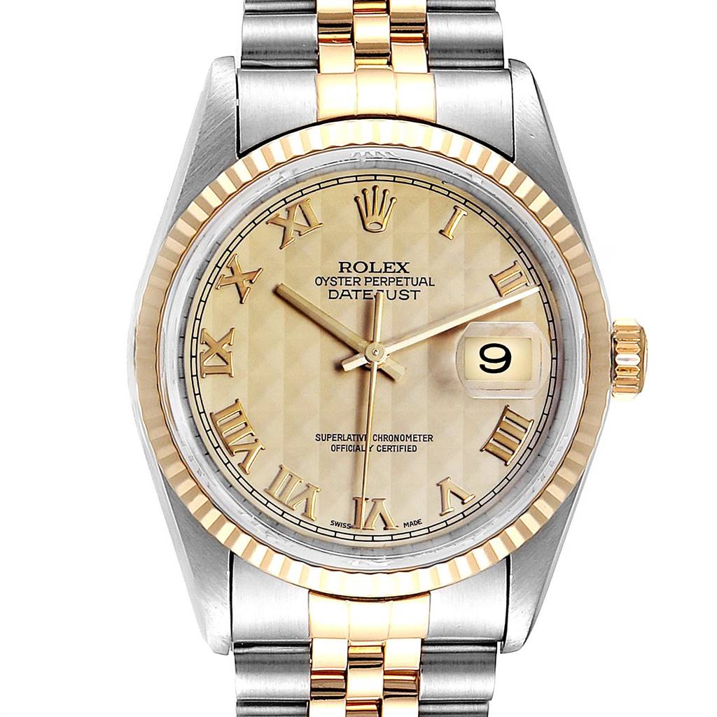The image shows a front view of a Rolex Datejust 16233 Men's Steel and Gold (two tone) Beige Dial 16233 Men's Steel and Gold (two tone) Beige Dial watch, featuring its dial, bezel, hands, crown, and part of the bracelet.